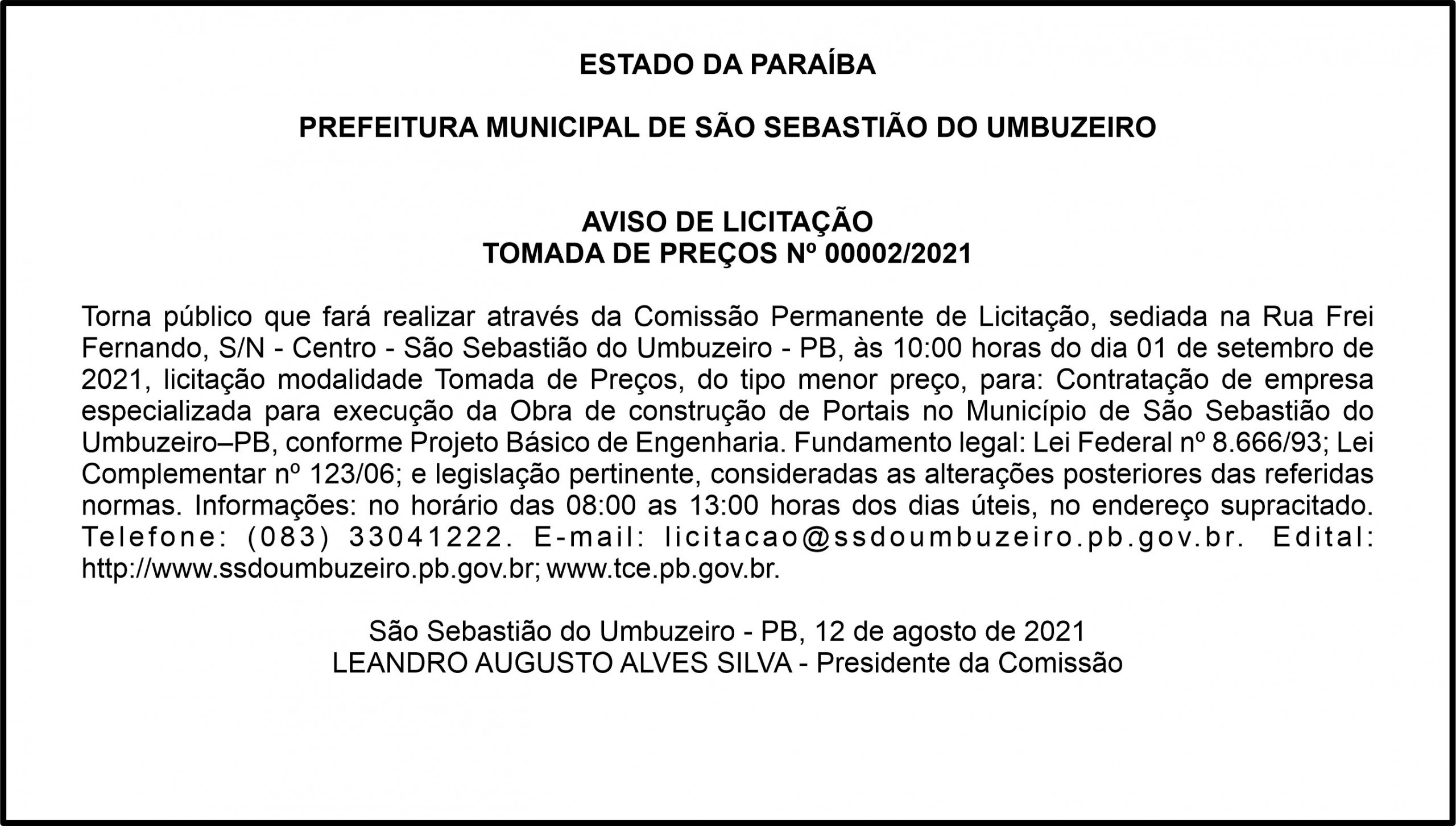 PREFEITURA MUNICIPAL DE SÃO SEBASTIÃO DO UMBUZEIRO – AVISO DE LICITAÇÃO – TOMADA DE PREÇOS Nº 00002/2021