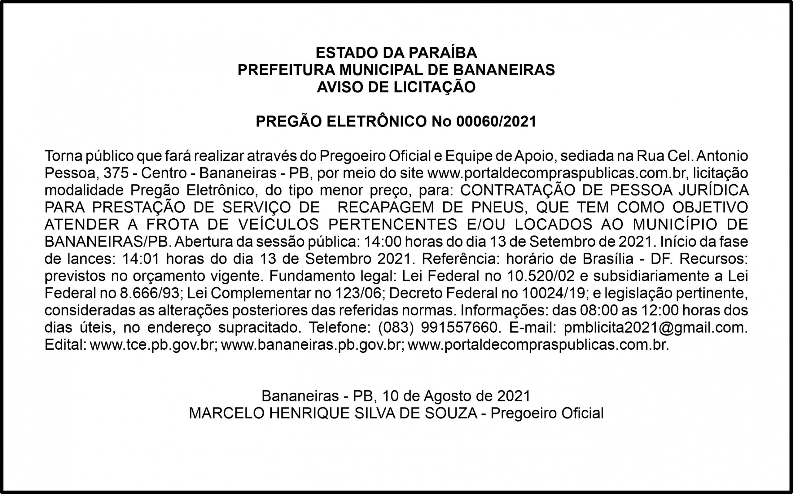 PREFEITURA MUNICIPAL DE BANANEIRAS – AVISO DE LICITAÇÃO – PREGÃO ELETRÔNICO Nº 00060/2021
