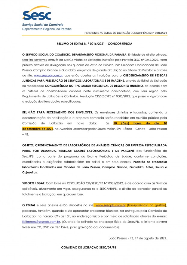 SESC – RESUMO DE EDITAL N. º 0016/2021 – CONCORRÊNCIA