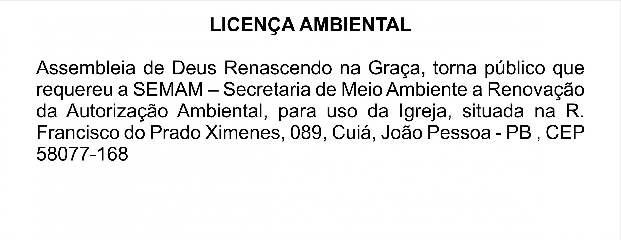 Assembleia de Deus Renascendo na Graça – Licença Ambiental