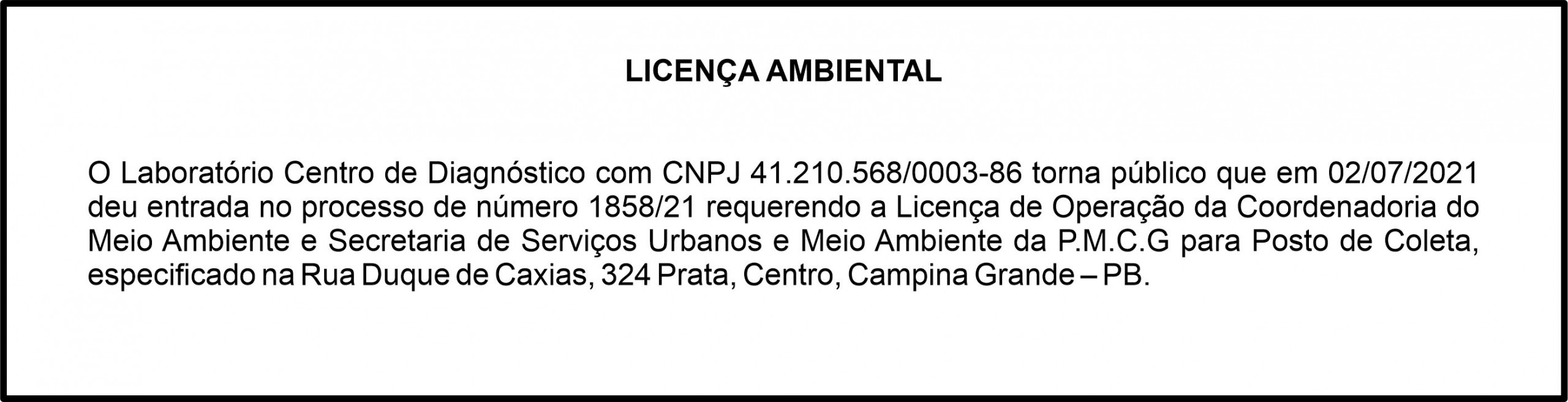 Laboratório Centro de Diagnóstico – Licença Ambiental
