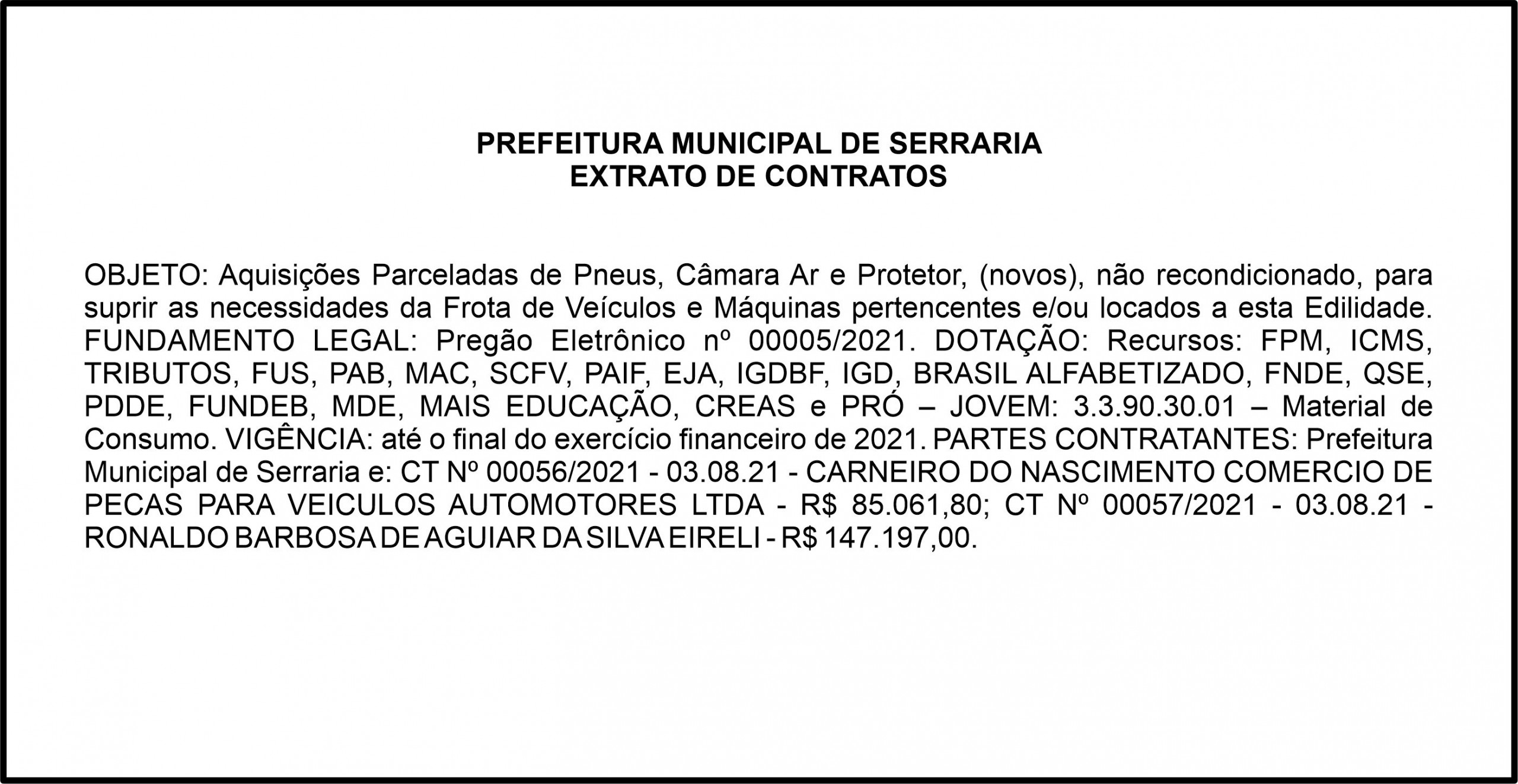 PREFEITURA MUNICIPAL DE SERRARIA  – EXTRATO DE CONTRATOS
