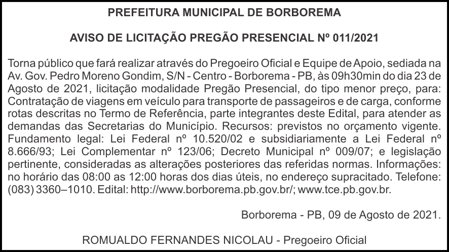PREFEITURA MUNICIPAL DE BORBOREMA – AVISO DE LICITAÇÃO – PREGÃO PRESENCIAL Nº 011/2021