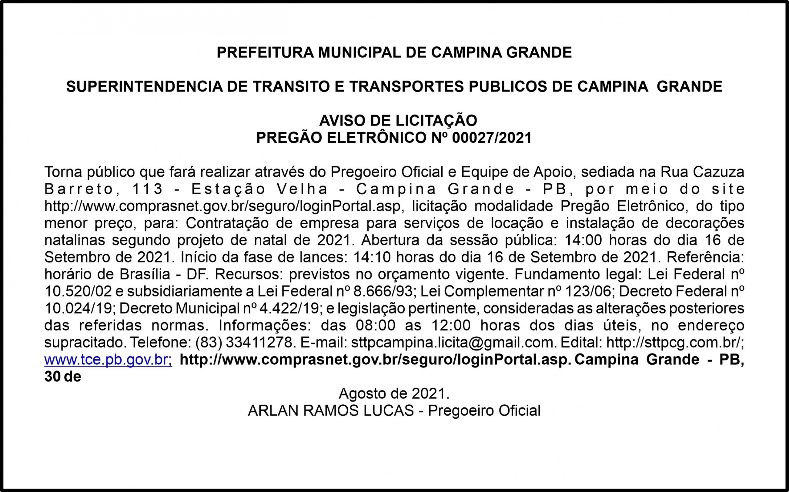 STTP/CG – AVISO DE LICITAÇÃO – PREGÃO ELETRÔNICO Nº 00027/2021