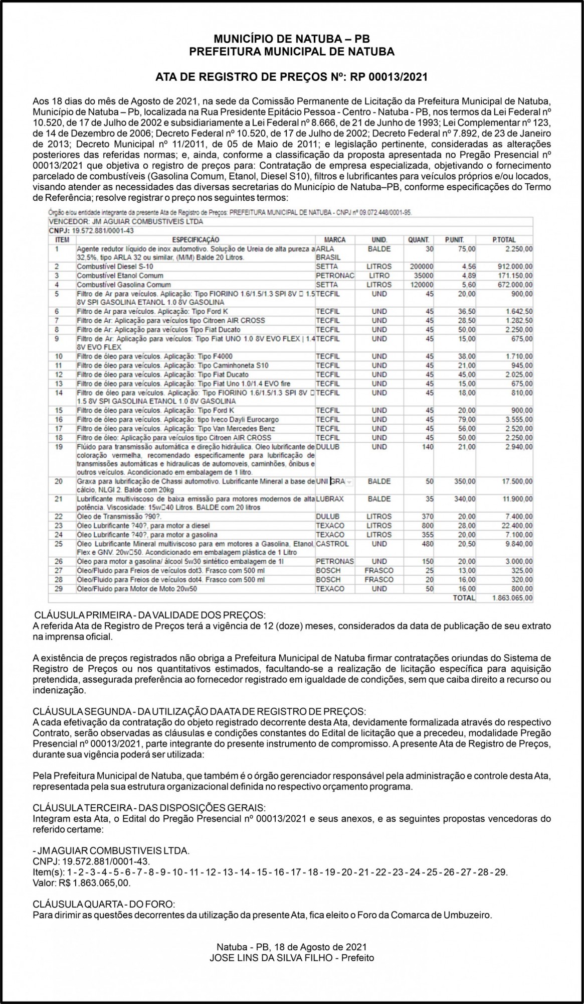 PREFEITURA MUNICIPAL DE NATUBA – ATA DE REGISTRO DE PREÇOS Nº: RP 00013/2021