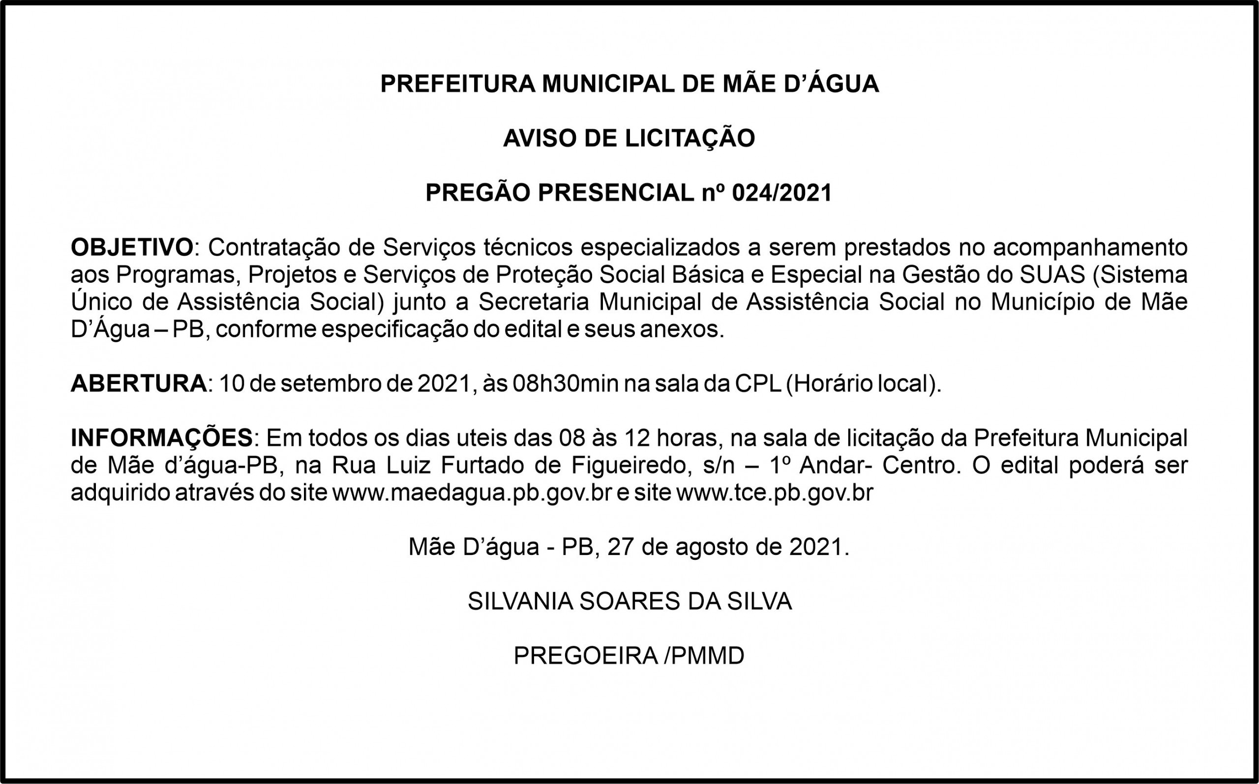 PREFEITURA MUNICIPAL DE MÃE D’ÁGUA – AVISO DE LICITAÇÃO – PREGÃO PRESENCIAL nº 024/2021