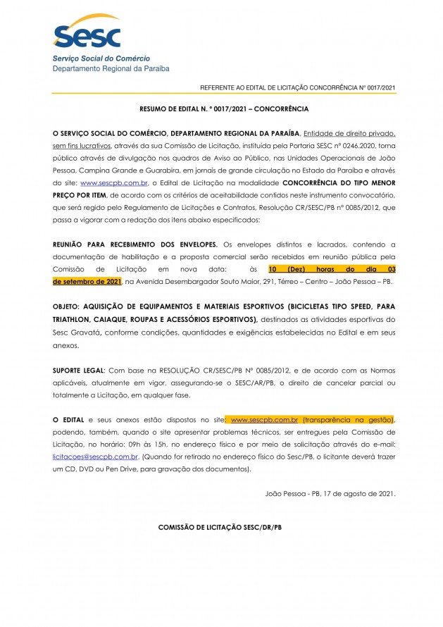SESC – RESUMO DE EDITAL N. º 0017/2021 – CONCORRÊNCIA