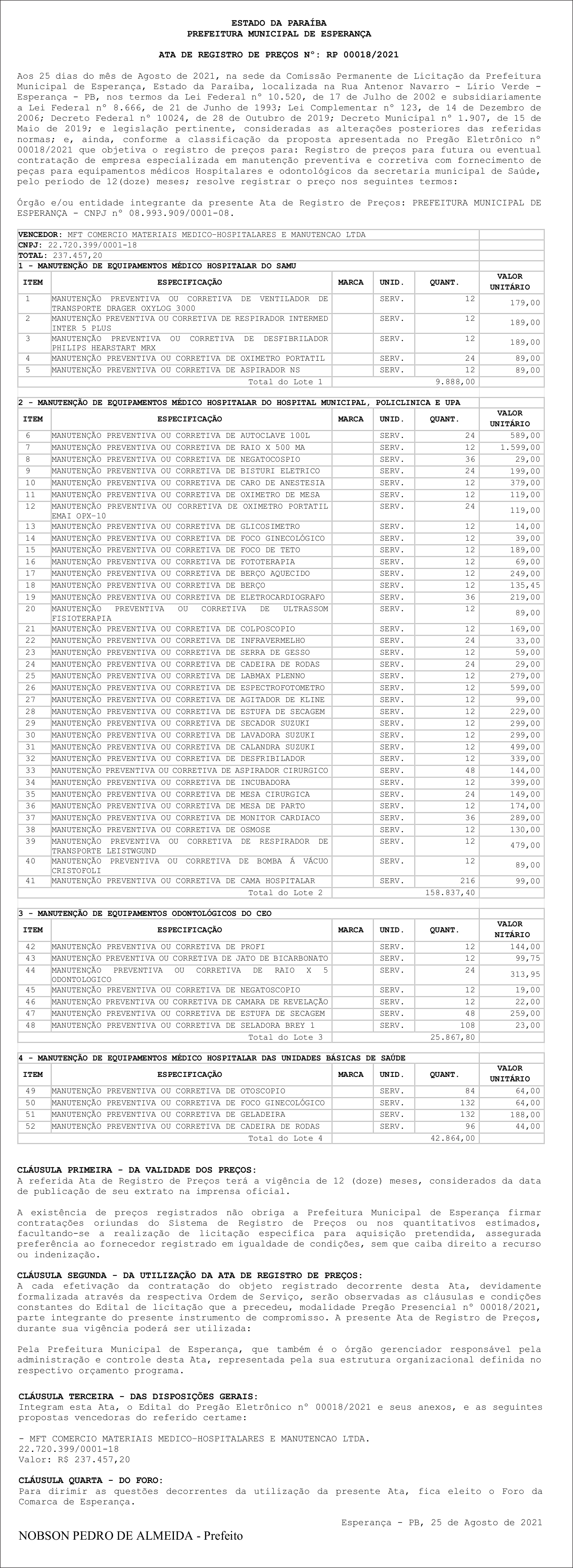 PREFEITURA MUNICIPAL DE ESPERANÇA – ATA DE REGISTRO DE PREÇOS Nº: RP 00018/2021