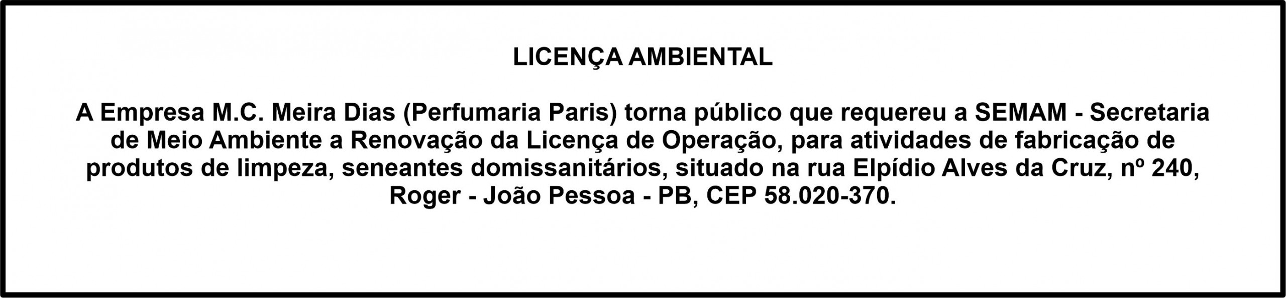 M.C. Meira Dias (Perfumaria Paris) – Licença Ambiental