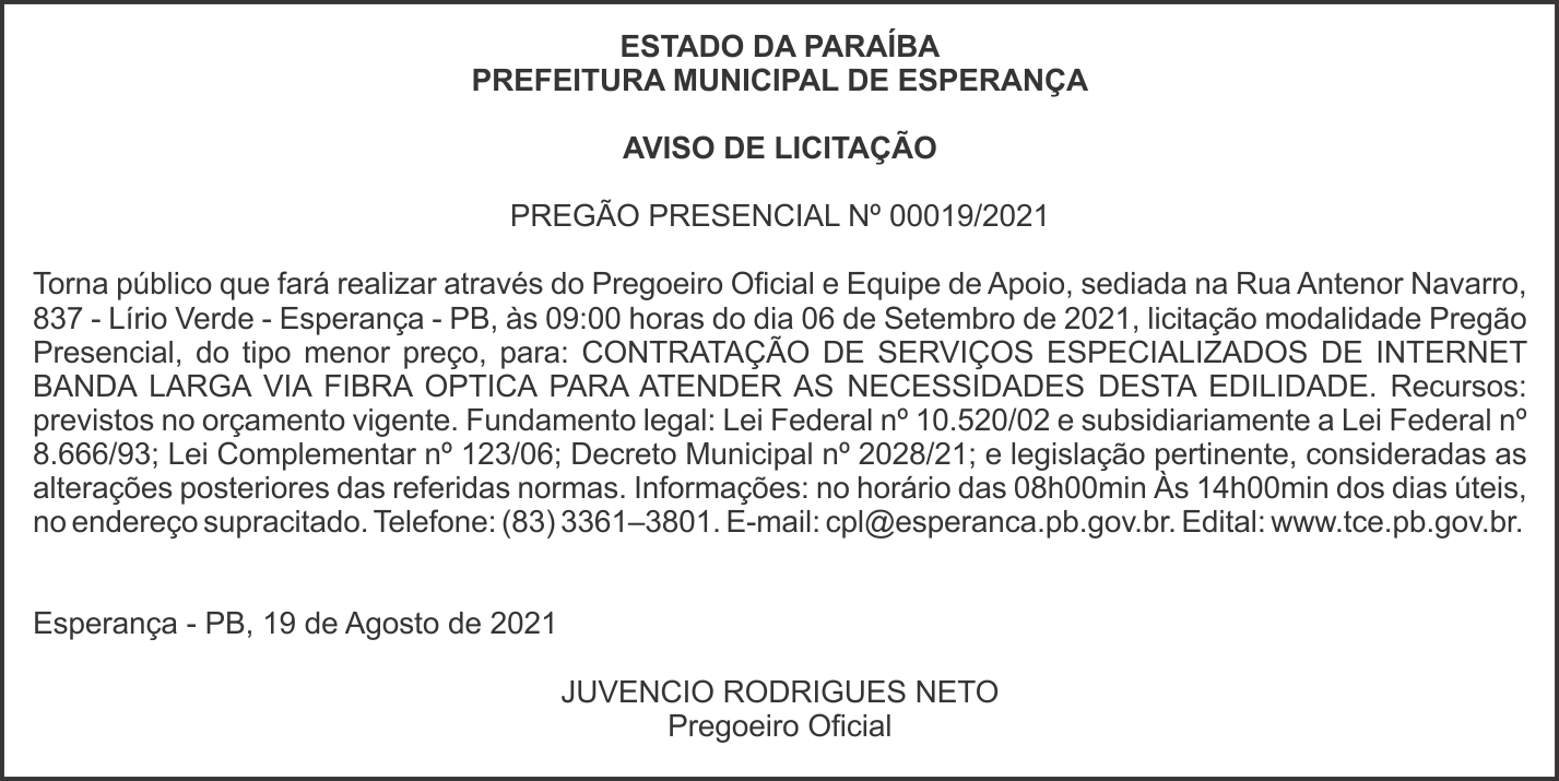 PREFEITURA MUNICIPAL DE ESPERANÇA – AVISO DE LICITAÇÃO – PREGÃO PRESENCIAL Nº 00019/2021