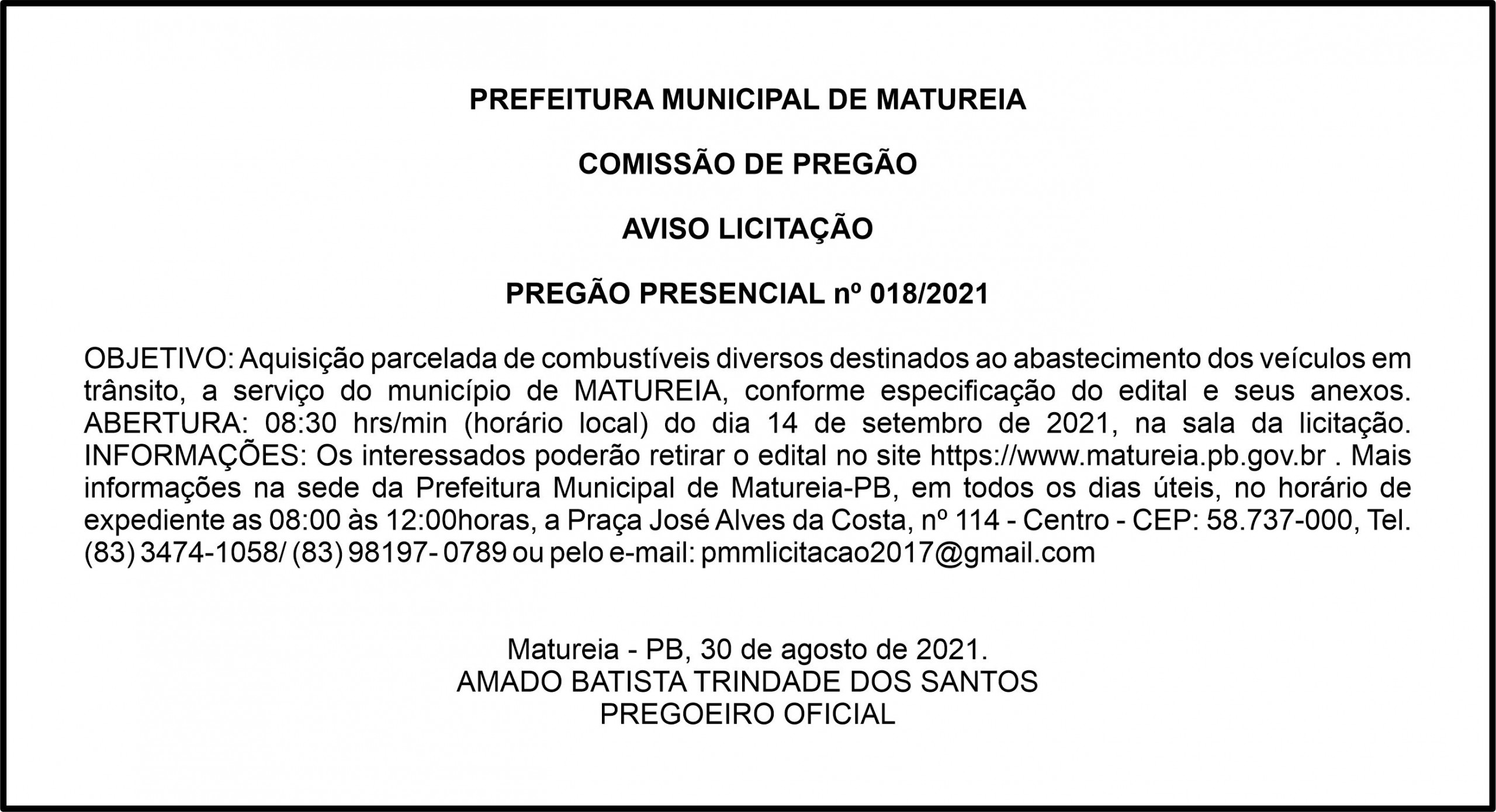 PREFEITURA MUNICIPAL DE MATUREIA – AVISO LICITAÇÃO – PREGÃO PRESENCIAL nº 018/2021