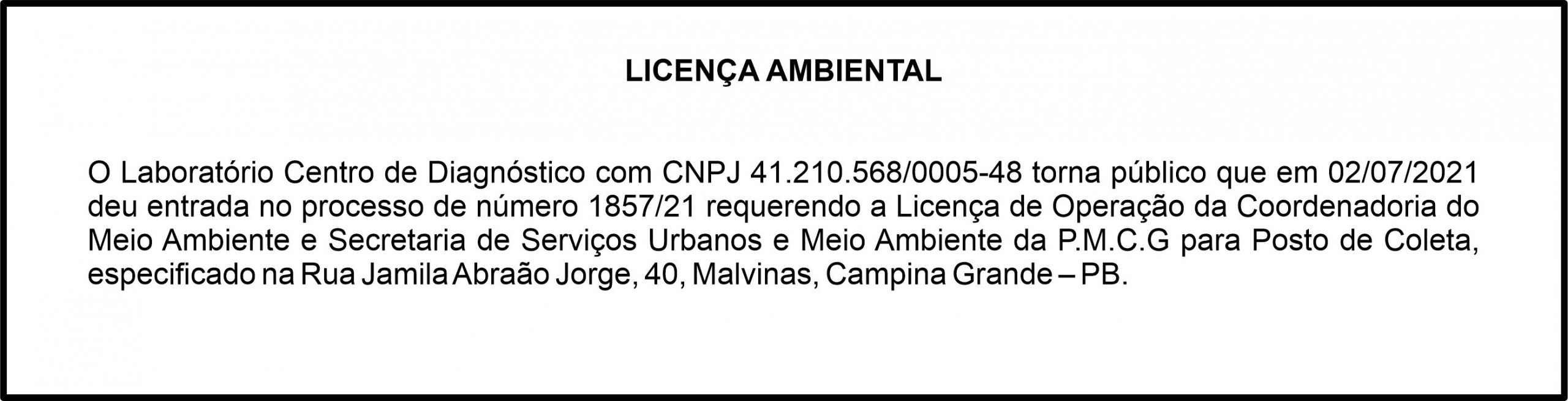 Laboratório Centro de Diagnóstico – Licença Ambiental