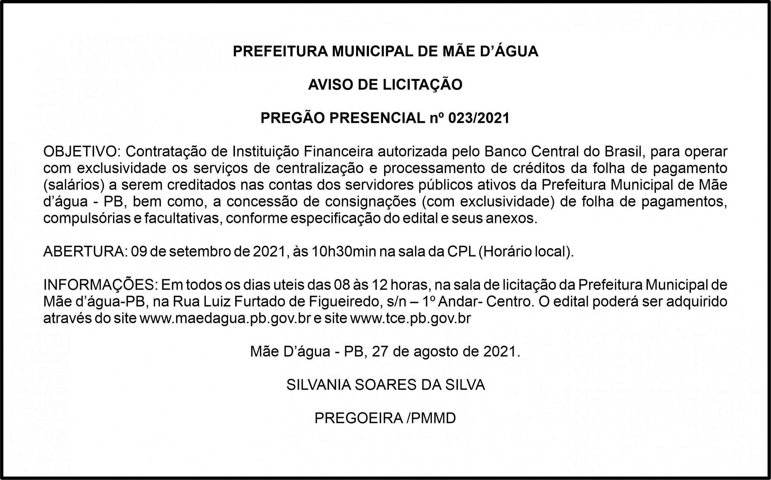 PREFEITURA MUNICIPAL DE MÃE D’ÁGUA  – AVISO DE LICITAÇÃO – PREGÃO PRESENCIAL nº 023/2021