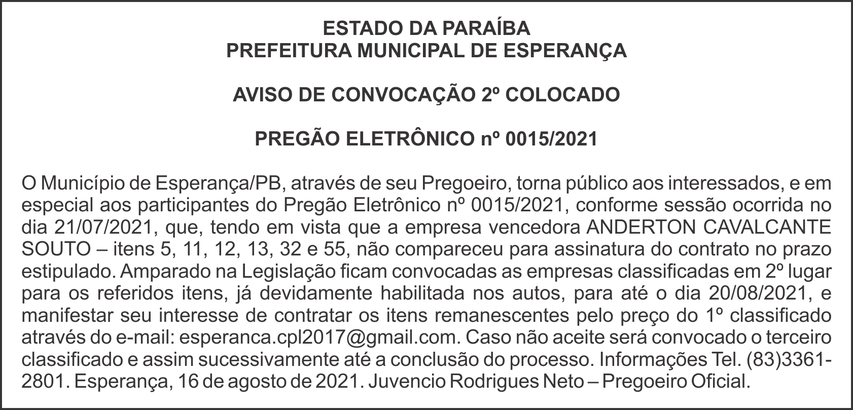 PREFEITURA MUNICIPAL DE ESPERANÇA – AVISO DE CONVOCAÇÃO 2º COLOCADO – PREGÃO ELETRÔNICO nº 0015/2021