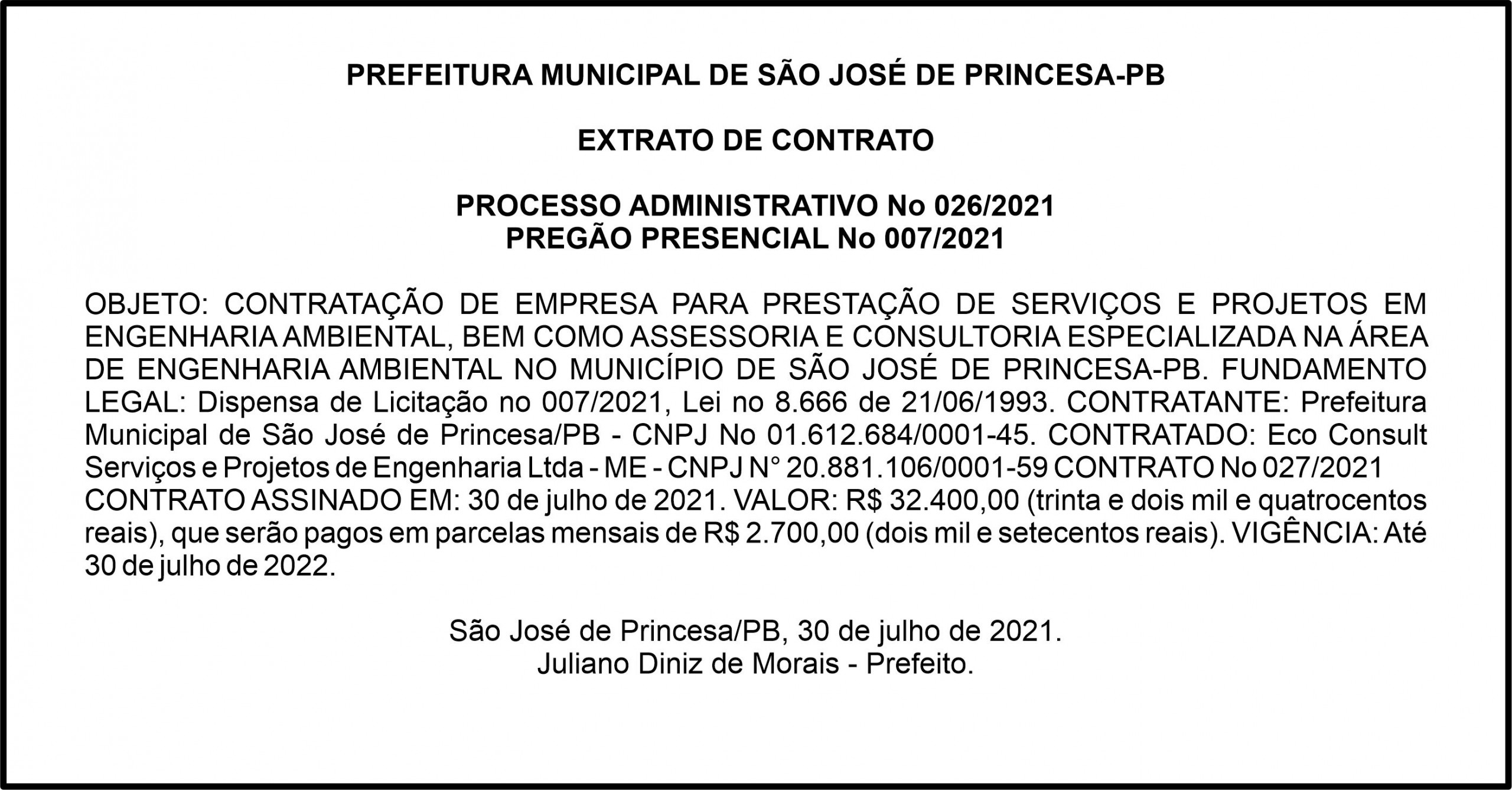PREFEITURA MUNICIPAL DE SÃO JOSÉ DE PRINCESA-PB – EXTRATO DE CONTRATO – PREGÃO PRESENCIAL No 007/2021