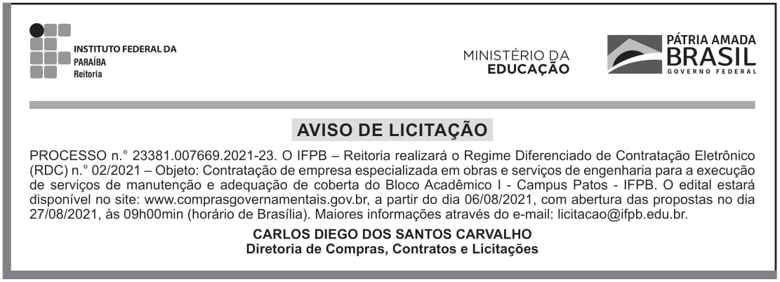 IFPB – PB – JOÃO PESSOA – REITORIA – EDITAL – RDC ELETRÔNICO n.o 002/2021 – Campus Patos