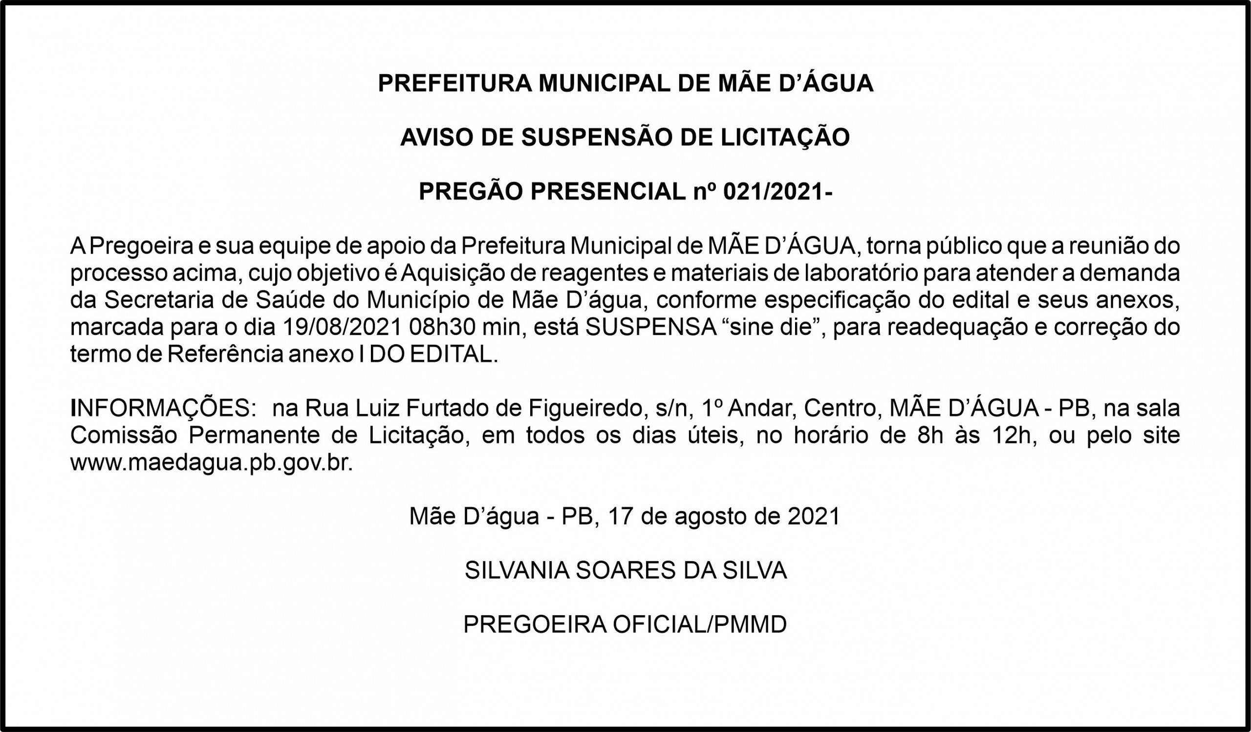 PREFEITURA MUNICIPAL DE MÃE D’ÁGUA  – AVISO DE SUSPENSÃO DE LICITAÇÃO – PREGÃO PRESENCIAL nº 021/2021