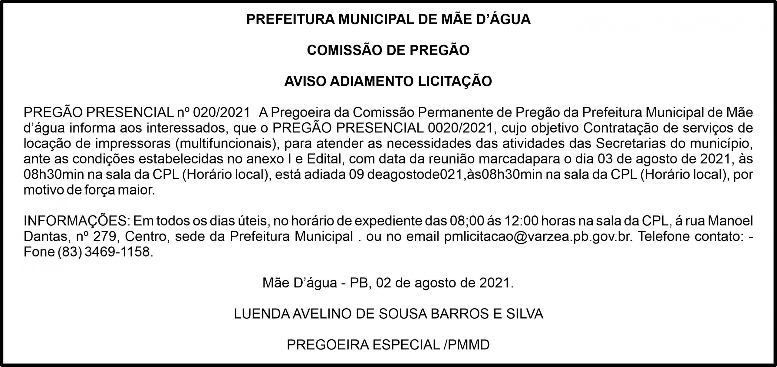 PREFEITURA MUNICIPAL DE MÃE D’ÁGUA – AVISO ADIAMENTO LICITAÇÃO  – PREGÃO PRESENCIAL nº 020/2021