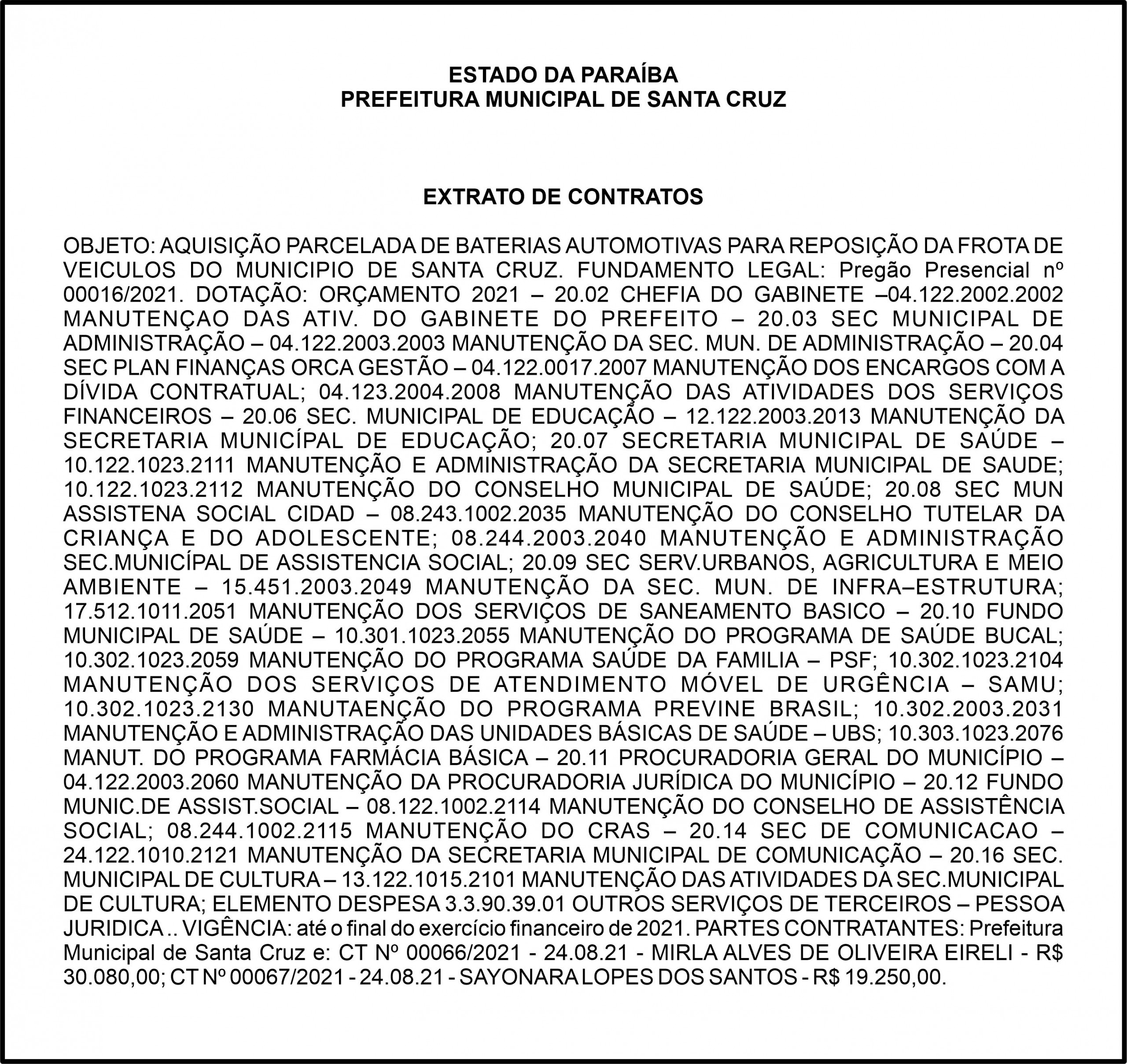 PREFEITURA MUNICIPAL DE SANTA CRUZ – EXTRATO DE CONTRATOS