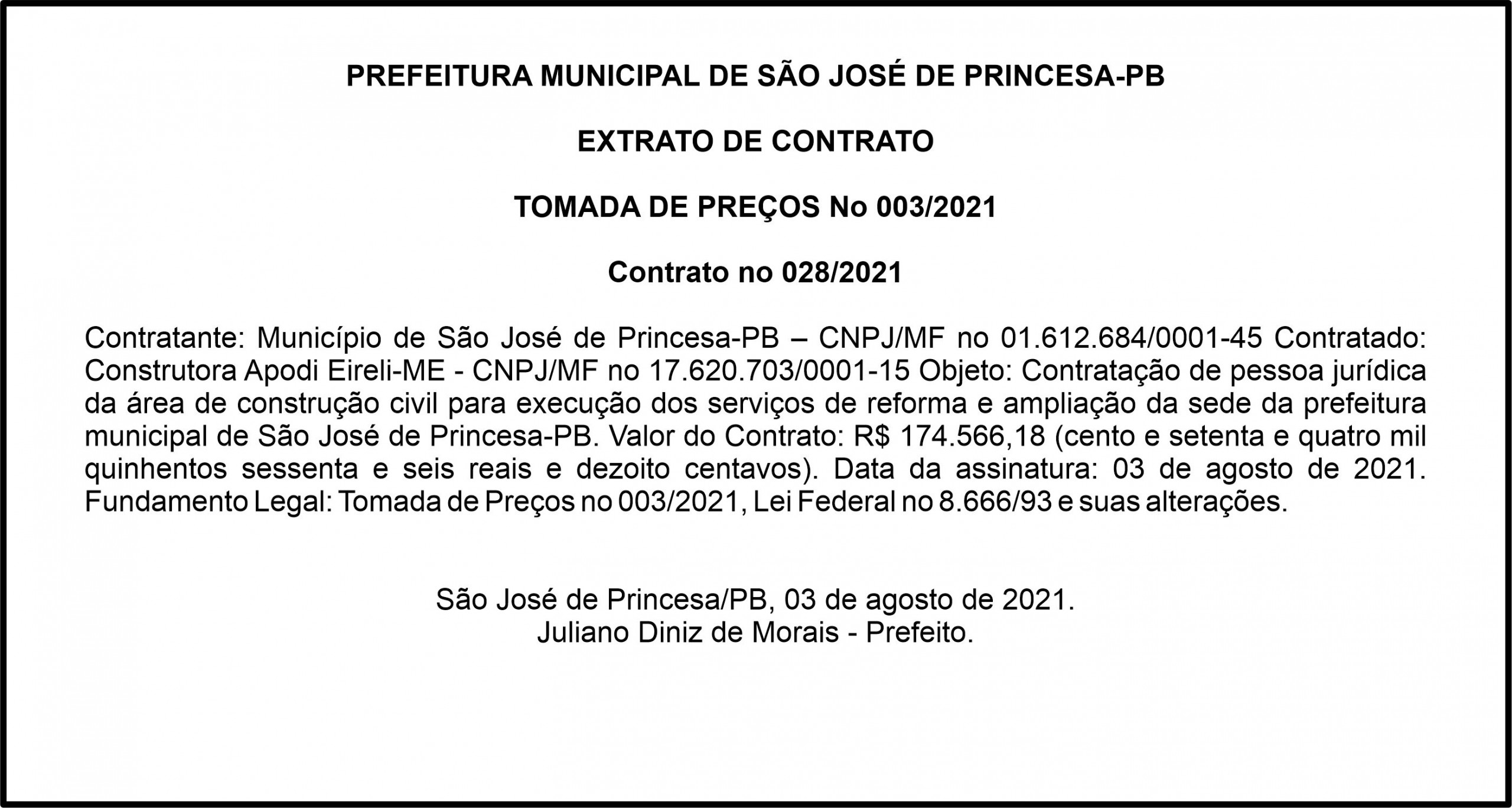 PREFEITURA MUNICIPAL DE SÃO JOSÉ DE PRINCESA-PB – EXTRATO DE CONTRATO – TOMADA DE PREÇOS No 003/2021