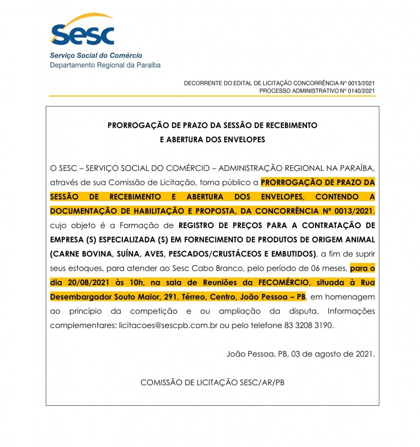 SESC – PRORROGAÇÃO DE PRAZO DA SESSÃO DE RECEBIMENTO E ABERTURA DOS ENVELOPES