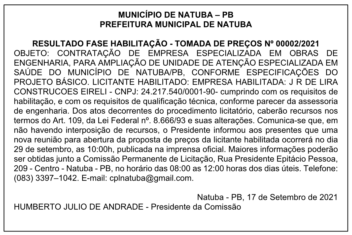 PREFEITURA MUNICIPAL DE NATUBA – RESULTADO FASE HABILITAÇÃO – TOMADA DE PREÇOS Nº 00002/2021