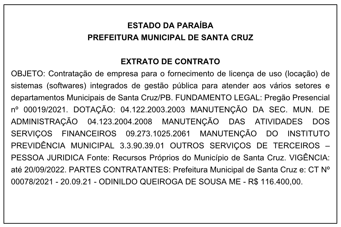 PREFEITURA MUNICIPAL DE SANTA CRUZ – EXTRATO DE CONTRATO