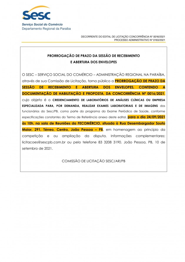 SESC – PRORROGAÇÃO DE PRAZO DA SESSÃO DE RECEBIMENTO  E ABERTURA DOS ENVELOPES