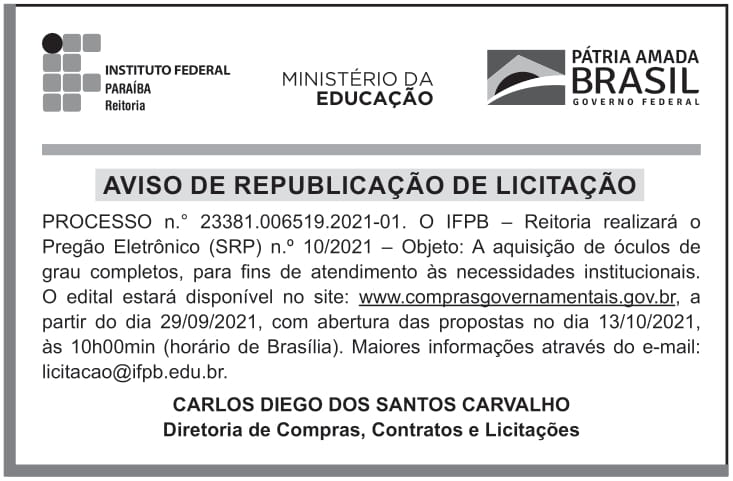 IFPB – PB – JOÃO PESSOA – EDITAL (Republicação) – PREGÃO ELETRÔNICO (SRP) N.º 010/2021 – REITORIA