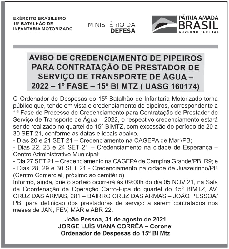 CMDO 15º BIMTZ – PB – JOÃO PESSOA – AVISO DE CREDENCIAMENTO DE PIPEIROS PARA CONTRATAÇÃO DE PRESTADOR DE SERVIÇO DE TRANSPORTE DE ÁGUA – 2022 – 1º FASE  ( UASG 160174)