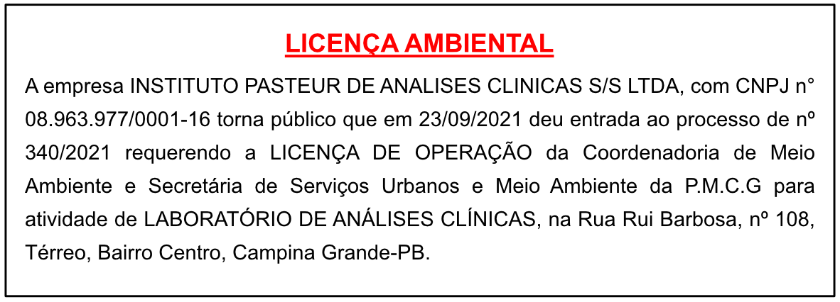 INSTITUTO PASTEUR DE ANALISES CLINICAS S/S LTDA – LICENÇA AMBIENTAL