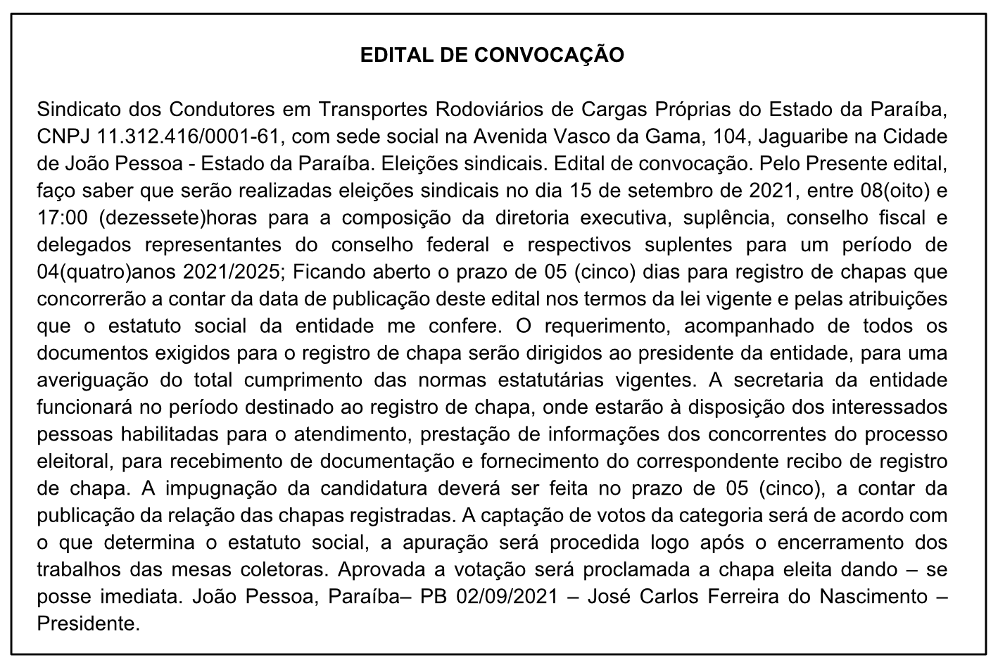Sindicato dos Condutores em Transportes Rodoviários de Cargas Próprias do Estado da Paraíba – Edital de Convocação