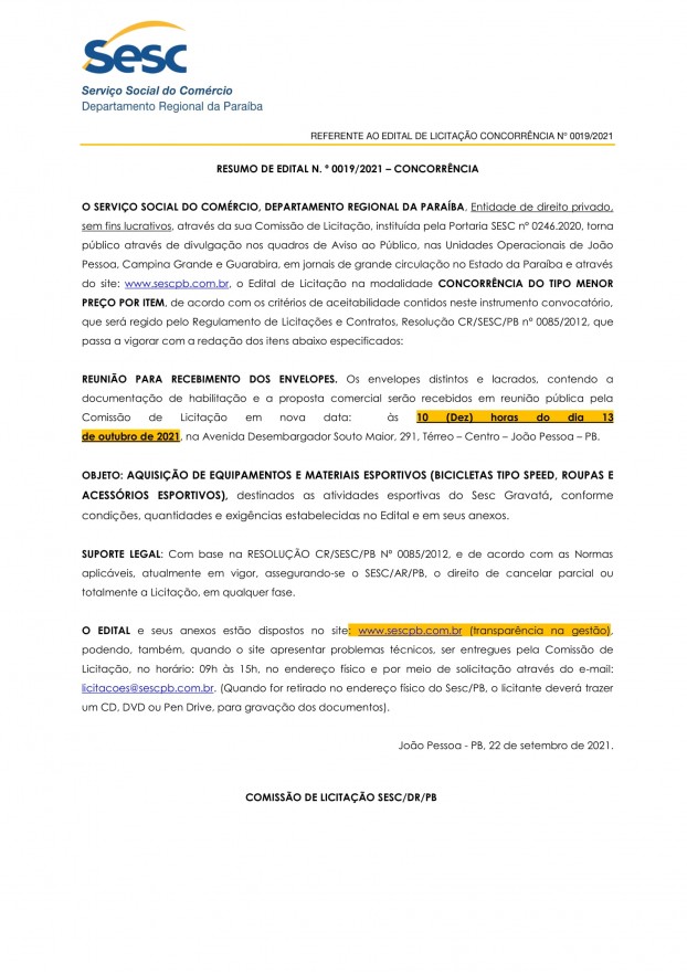 SESC – RESUMO DE EDITAL N. º 0019/2021 – CONCORRÊNCIA