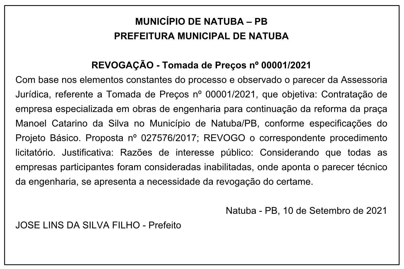 PREFEITURA MUNICIPAL DE NATUBA – REVOGAÇÃO – Tomada de Preços Nº 00001/2021