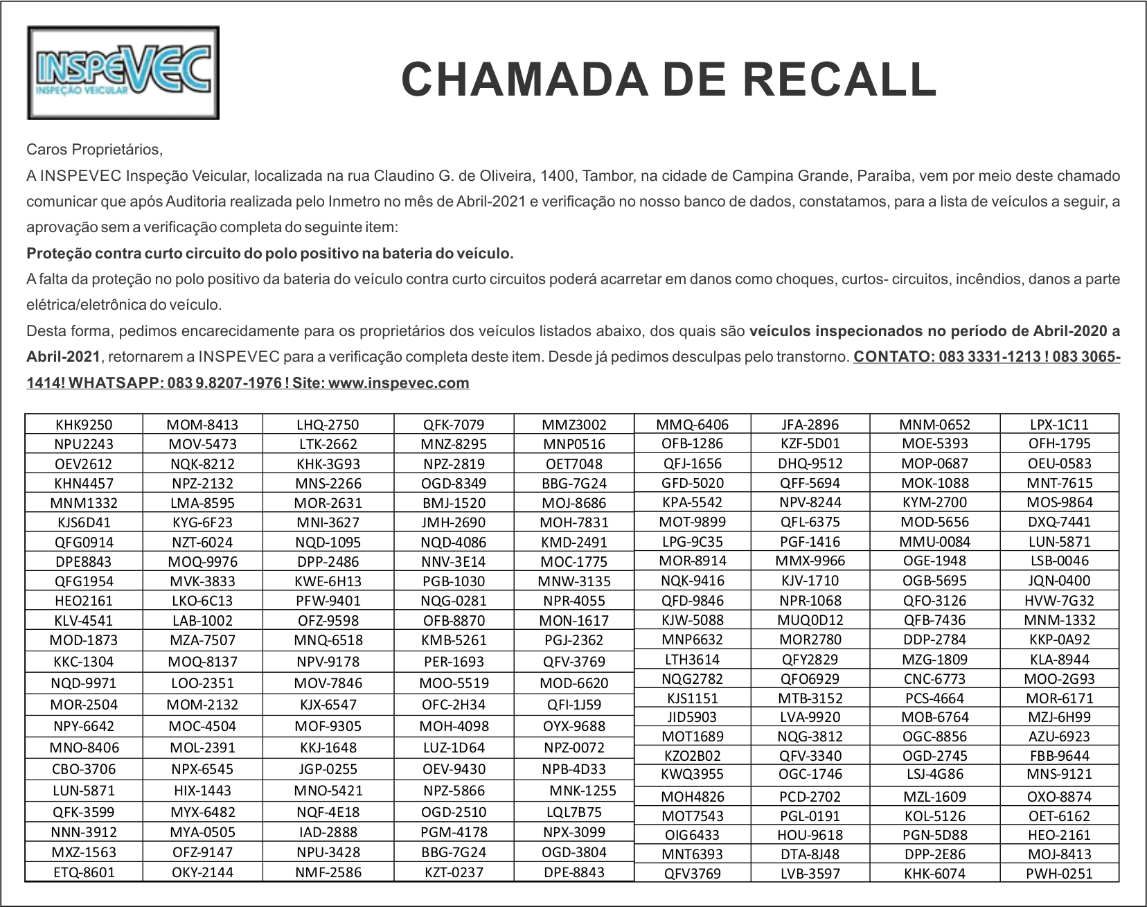 INSPEVEC – CHAMADA DE RECALL