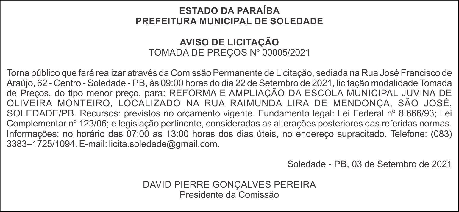 PREFEITURA MUNICIPAL DE SOLEDADE – AVISO DE LICITAÇÃO – TOMADA DE PREÇOS Nº 00005/2021