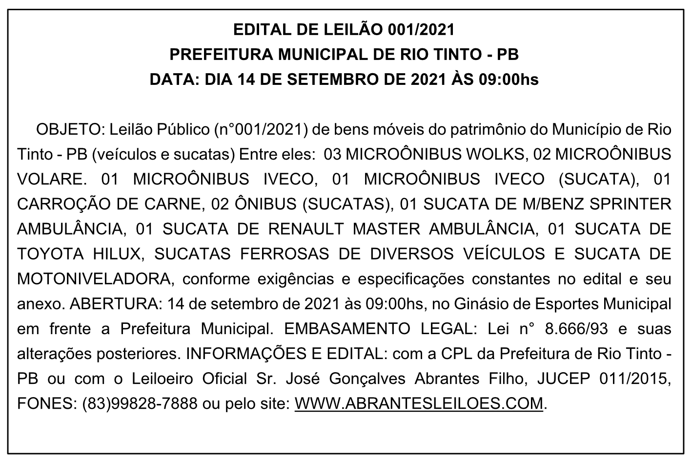 EDITAL DE LEILÃO 001/2021 – ABRANTES LEILÕES