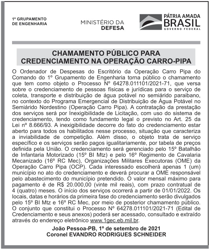 16º RCMEC – PB – BAYEUX – CHAMAMENTO PÚBLICO PARA CREDENCIAMENTO NA OPERAÇÃO CARRO PIPA