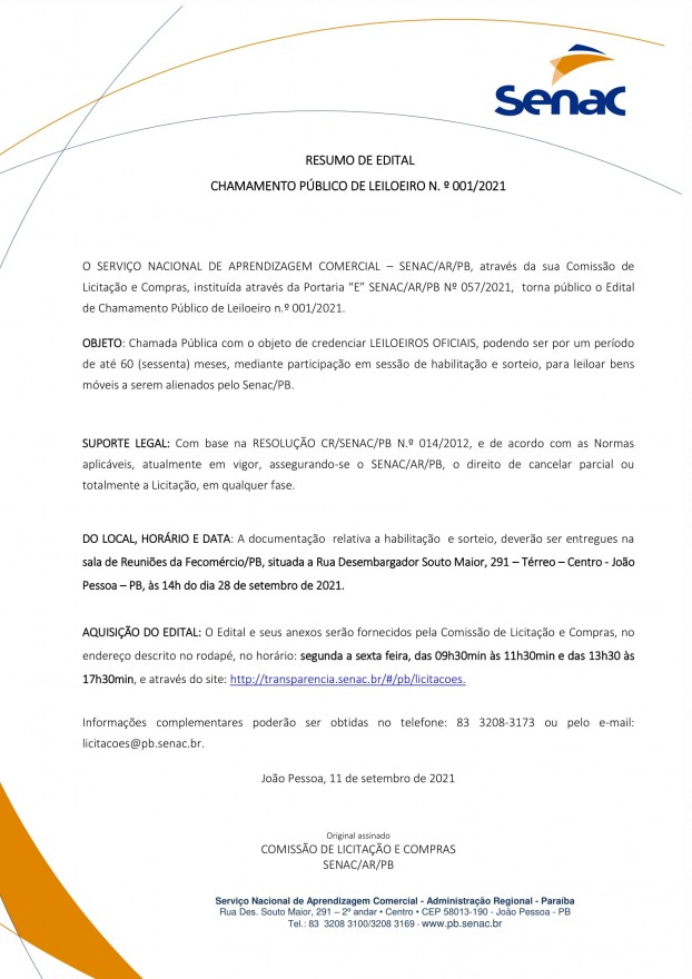 SENAC – RESUMO DE EDITAL – CHAMAMENTO PÚBLICO DE LEILOEIRO N. º 001/2021