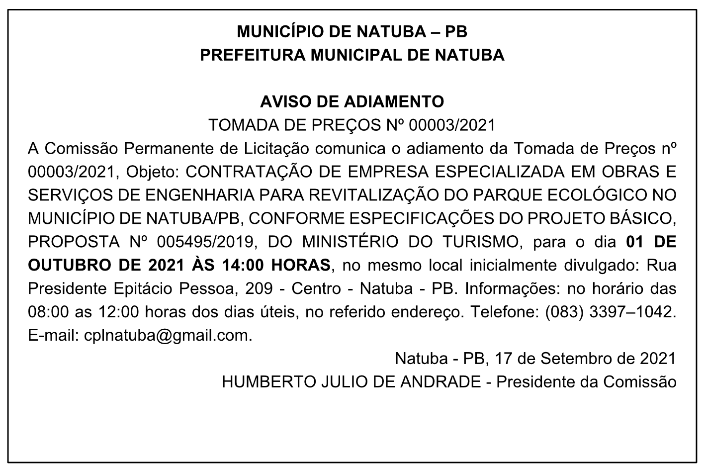 PREFEITURA MUNICIPAL DE NATUBA – AVISO DE ADIAMENTO – TOMADA DE PREÇOS Nº 00003/2021
