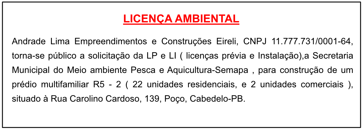 Andrade Lima Empreendimentos e Construções EIRELI – Licença Ambiental