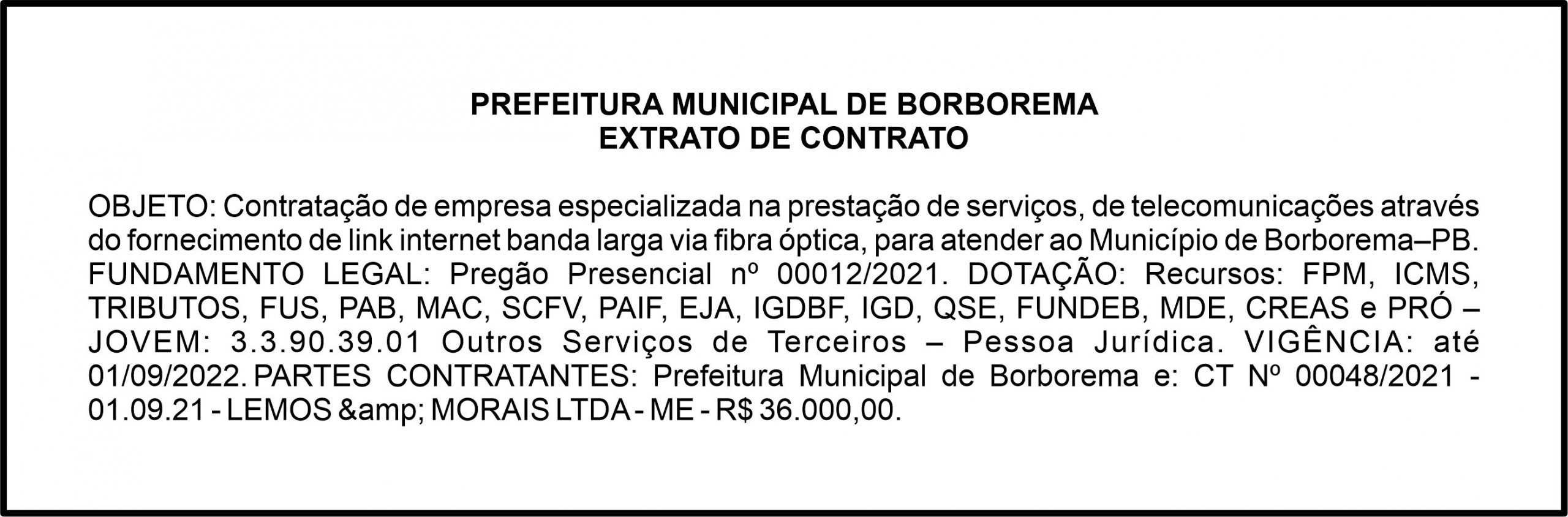 PREFEITURA MUNICIPAL DE BORBOREMA – EXTRATO DE CONTRATO