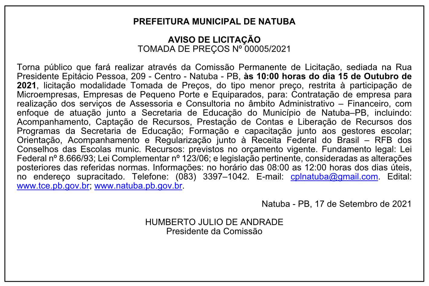 PREFEITURA MUNICIPAL DE NATUBA – AVISO DE LICITAÇÃO – TOMADA DE PREÇOS Nº 00005/2021