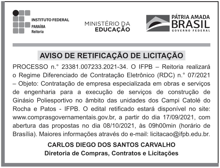 IFPB – PB – JOÃO PESSOA – REITORIA – EDITAL (Retificação) – RDC ELETRÔNICO n.º 007/2021 – Campi Catolé do Rocha e Patos