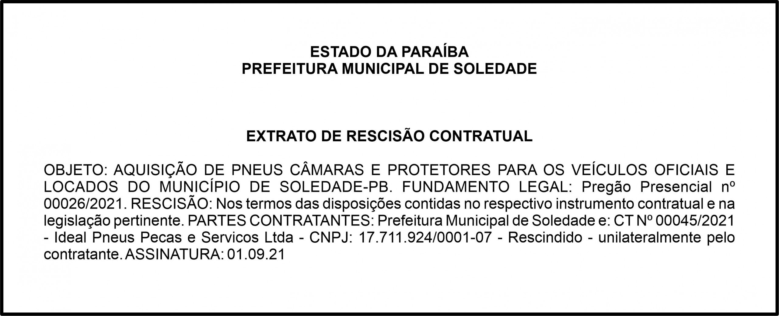 PREFEITURA MUNICIPAL DE SOLEDADE – EXTRATO DE RESCISÃO CONTRATUAL