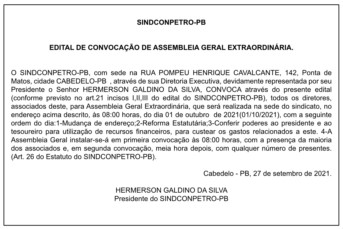 SINDCONPETRO-PB – EDITAL DE CONVOCAÇÃO DE ASSEMBLEIA GERAL EXTRAORDINÁRIA