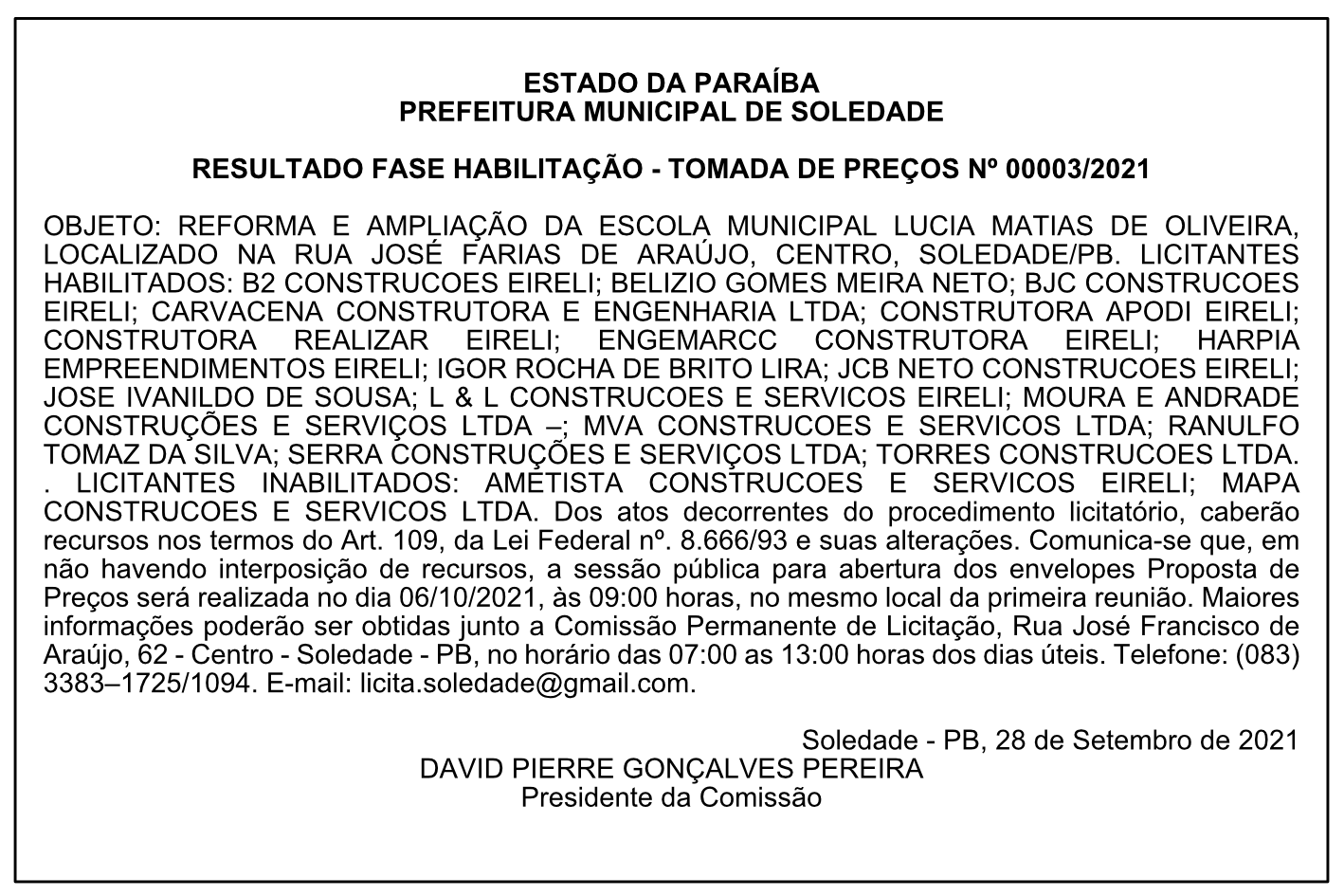PREFEITURA MUNICIPAL DE SOLEDADE – RESULTADO FASE HABILITAÇÃO – TOMADA DE PREÇOS Nº 00003/2021