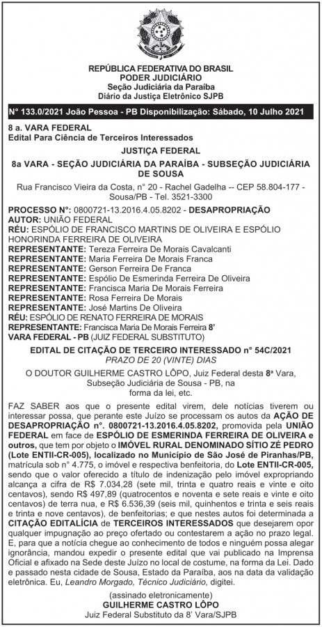 MDR – DF – BRASÍLIA – Edital Para Ciência de Terceiros Interessados – ESPÓLIO DE FRANCISCO MARTINS DE OLIVEIRA E HONORINDA FERREIRA DE OLIVEIRA
