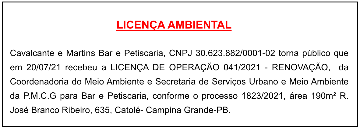 Cavalcante e Martins Bar e Petiscaria – Licença Ambiental