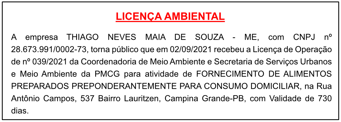 THIAGO NEVES MAIA DE SOUZA – ME – LICENÇA AMBIENTAL